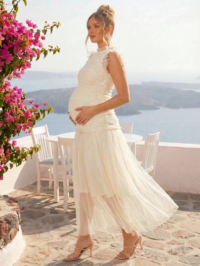 Loomaby Vestido elegante de maternidad de unicolor con volantes y mangas de vuelo