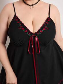 Sweetness Plus Size Women's Boudoir Style Floral Embroidered Contrast Ruffle Deep V-Neck Cinched Waist Babydoll Mini Fairycore Dress Date Night Black Summer - Black - View 5