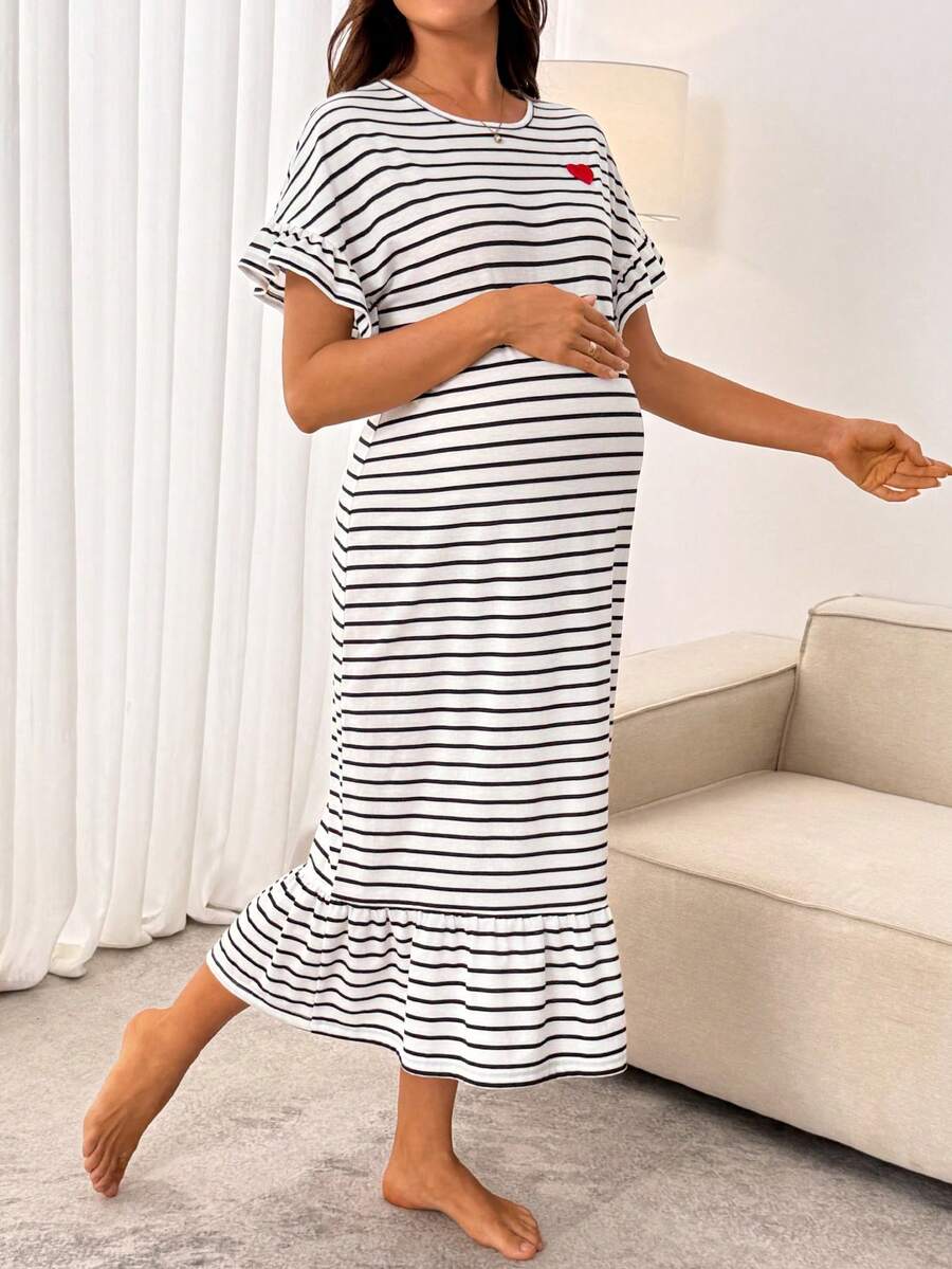 SHEIN 孕妇夏季休闲条纹爱心印花连衣裙 - 彩色 - 查看 1