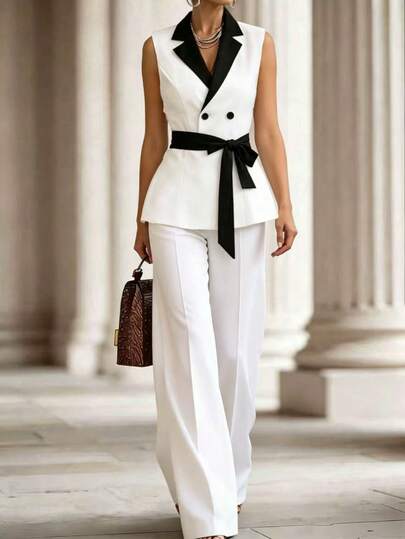 SHEIN Raffinéa Bộ đồ công sở nữ màu trắng không tay phối đen trắng, thắt eo, dáng ôm, gồm 2 món, phong cách thanh lịch dành cho người đi làm.
