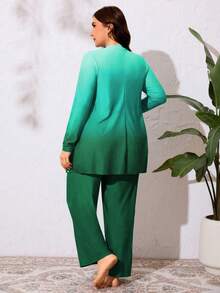 Swim  Set de 2 piezas de traje de baño burkini de talla grande para mujer con impresión de color degradado y bloque de color, de manga larga y cuello redondo, holgado y modesto, ropa de resort de verano, vestimenta árabe - Verde - Ver 2