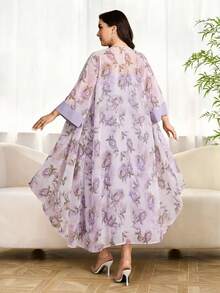 Modelyn Plus Size Women's Elegant Floral Print Tassel Belt Flare Sleeve Jacket And Spaghetti Strap Dress 2-Piece Set, Spring/Autumn Gym Brown - Multicolor - View 1