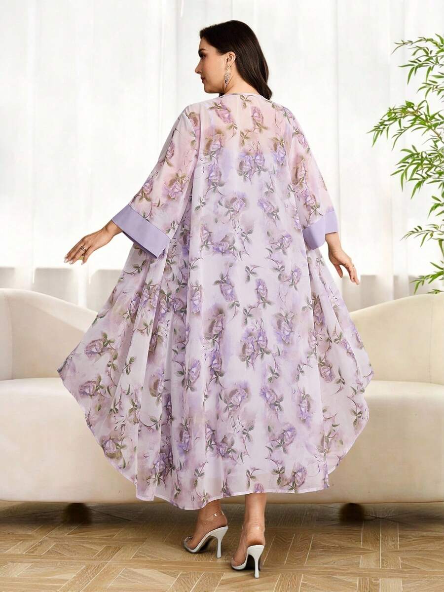 Modelyn Plus Size Women's Elegant Floral Print Tassel Belt Flare Sleeve Jacket And Spaghetti Strap Dress 2-Piece Set, Spring/Autumn Gym Brown - Multicolor - View 1