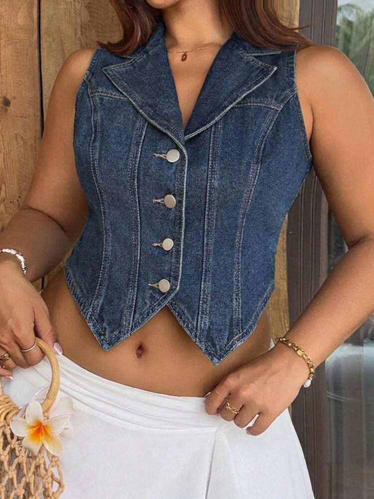 Dazy Plus Plus Size Denim Washed Cropped Sleeveless Vest Top, Blogger Style For Spring & Summer