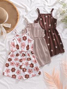 SHEIN Elladie kids 3件組少女夏季2025新款花卉印花與純色連身褲，極簡時尚度假風 - 彩色 - 查看 2