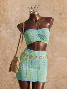 Elin Vora Women's Summer Boho Beach Vacation Holiday Blue Striped Knitted Two-Piece Set,Y2K Wave Pattern Hollow-Out Pleated Music Festival Party Outfits - Green - View 3