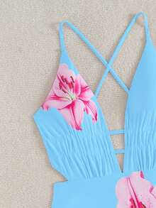 Swim SXY Springbreak Swim Vcay 女士性感深V露背交叉绑带连体泳衣，度假印花 - 藍色 - 查看 4