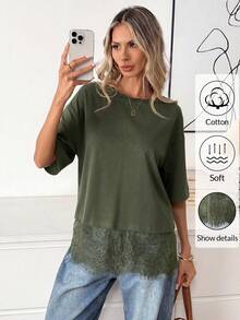 Easowa Black Short Sleeve Round Neck Lace Hem Loose T-Shirt For Women,Summer Top - Army Green - View 3