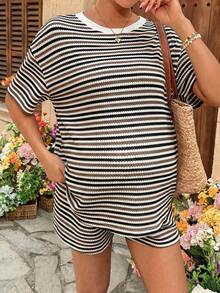 SHEIN 孕妇圆领落肩短袖休闲条纹两件套，夏季 - 咖啡棕 - 查看 4