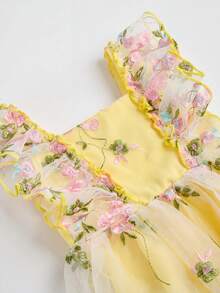 SHEIN Glamorique Kids 女婴公主裙,精美刺绣网纱裙摆,荷叶边领口,清新可爱,适合生日、婚礼、节日等场合。 - 黃色 - 查看 6