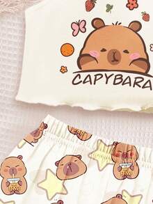 Cute Capybara Print Cream White Tween Girl Casual Slim Fit Camisole Top And Shorts Pajama Set, Suitable For Summer - Multicolor - View 5