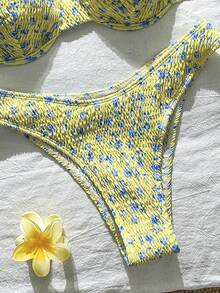 SHEIN Swim Vcay Bộ bikini họa tiết hoa nhí cho kỳ nghỉ biển - Vàng nhạt - Xem 5
