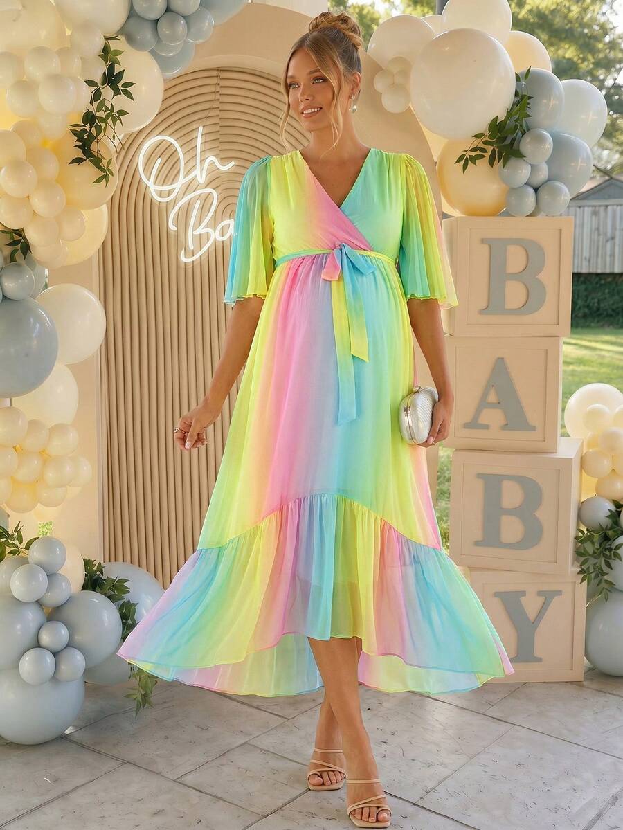 Loomaby Vestido Fluido de Babados com Degradê para Férias de Verão para Gestantes