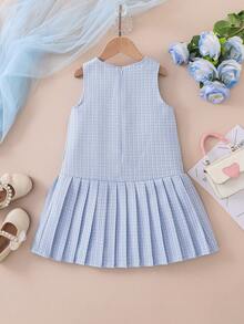 SHEIN Elladie kids Đầm bé gái in nơ, vải nhung, nơ và hoa 3D trang trí, chân váy xếp ly, quần áo trẻ em dễ thương phù hợp cho mặc hàng ngày, sinh nhật, tiệc tùng và các dịp khác. - Màu xanh lam - Xem 2