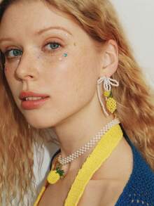Popjeli Pearl Bow Lemon Earrings,Y2K/Cute/Colorful/Chic,DIY,PINK,Summer/Beach/Prom/Part/Vacation/Travel,For Mom/Women/Girl/Mother,Heart,Floral - White - View 1