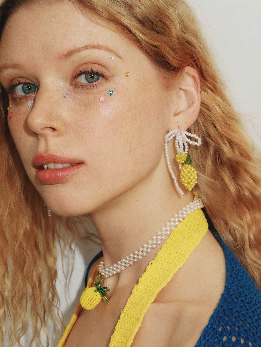 Popjeli Pearl Bow Lemon Earrings,Y2K/Cute/Colorful/Chic,DIY,PINK,Summer/Beach/Prom/Part/Vacation/Travel,For Mom/Women/Girl/Mother,Heart,Floral - White - View 1
