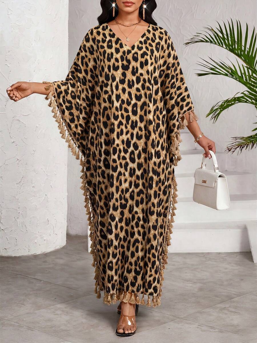 SHEIN Lady Plus Size Women Fashionable Leopard Print Tassel Dress Elegant Dresses For Women Summer Dress Summer Outfit For Women Leopard Print Dress Beach Dress
