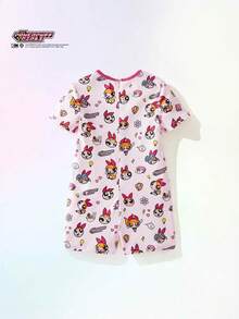 THE POWERPUFF GIRLS X SHEIN Maija Kids Young Girl Cartoon Print Casual Round Neck Short Sleeve Jumpsuit Romper For Daily Wear - Pink - View 4