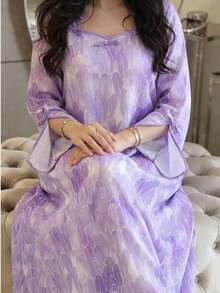 Al Najma Plus Size Women Loose Fit Bow Decor Arabian Dress - Multicolor - View 3