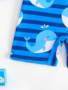 Newborn Shark & Whale Print Long Sleeve Zipper Rash Guard Swimsuit - Blue - View 5