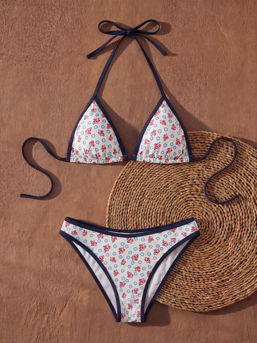 Anewsta Bộ bikini hai mảnh in họa tiết chắp vá gợi cảm buộc dây cổ và quần tam giác dành cho nữ, thích hợp mặc đi biển mùa hè. - Nhiều màu - Xem 1