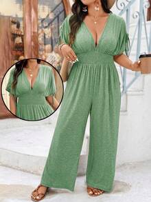 Weeklong Plus Size V-Neck Soft Knit Adjustable Shoulder Jumpsuit With Drawstring Waist, Casual & Comfortable For Outdoor & Holiday - Mint Green - View 5