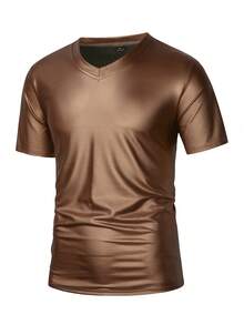 Manfinity LEGND Men's Solid Color Minimalist Casual Short Sleeve PU Leather T-Shirt - Coffee Brown - View 3