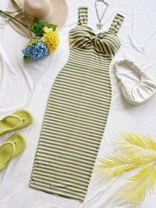 Soleia Đầm ôm dáng phối màu kẻ sọc, kiểu xoắn phía trước, thích hợp cho kỳ nghỉ hè ở bãi biển dành cho nữ. - Màu vàng - Xem 5