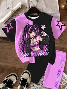 Conjunto de camiseta de manga corta y pantalones cortos de 2 piezas para niñas preadolescentes, con estampado gráfico de niña de dibujos animados, patrón numérico 67, "Fun Six&Seven", estrellas del K-Pop, en bloques de color morado y negro, adecuado para estilos cómodos de primavera y verano - Multicolor - Ver 2