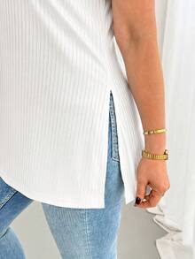 Shapeblank Women's Plus-Size White Summer Casual Everyday V-Neck Short-Sleeved T-Shirt,High-Elasticity Comfortable High-Slit Basic Versatile Curve Tops - White - View 6
