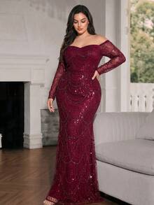 Modelyn Váy dạ hội dự tiệc hở vai tay dài hở lưng đính hạt sequin sang trọng mùa thu đông, một bên vai, viền đuôi cá, thích hợp cho khách dự tiệc cưới, lễ tốt nghiệp, váy sinh nhật, lễ hội âm nhạc, đám cưới - Màu Đỏ Sâu - Xem 4