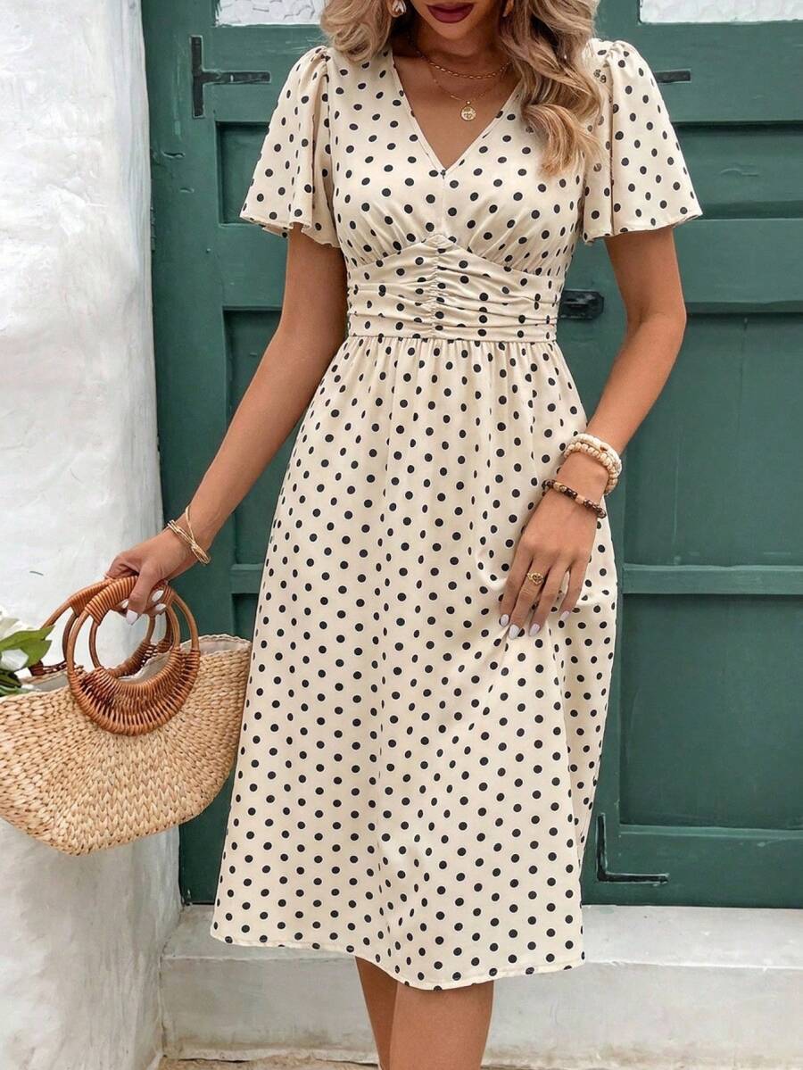 SHEIN Frenchy Women's Elegant Black White Polka Dot Dress,Summer,Retro Vintage Ruffle Sleeve Waist Cinched Tea Party Outfits,Boho Daily Holiday Vacation Wear