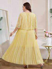 Reflora Đầm hè xếp ly thanh lịch bằng chiffon họa tiết hình học dành cho người có vóc dáng đầy đặn - Màu vàng - Xem 3