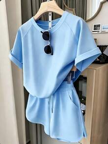Resyla 加大码女式短袖短裤套装，夏季新品，蓝色，适合返校季、教师节、户外骑行运动，加大码女式T恤短裤套装 - 淺藍色 - 查看 1