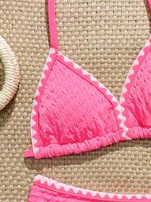 Girls Pink 2Pcs Bikini Set,Cute Textured Fabric Halter Neck Two-Piece Swimwear,Summer Beach Vacation Holiday Outfits For Tweens,Quick-Drying Floral - Hot Pink - View 3