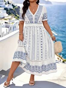 Ceyna Plus Size Women's Casual Elegant Floral Print V-Neck Short Sleeve Dress Bohemian Zanzea Dress For Woman - Blue and White - View 7