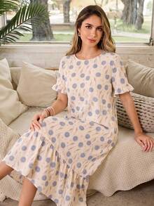 Serenescape Women's Casual Vacation Floral Print Patchwork Ruffle Hem Long Nightgown - Apricot - View 3