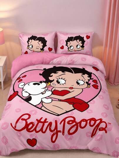 Betty Boop x SHEIN 3件套贝蒂小姐印花图案被套，磨毛材质，柔软保暖，多种尺寸可选，适用于单人床/双人床/大号床/特大号床，可机洗