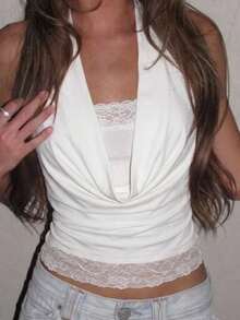 SHEIN EZwear 夏季鄉村風女款白色針織掛脖上衣，蕾絲飾邊，適合夜店聚會，優雅 Y2K 風格 - 白色 - 查看 1
