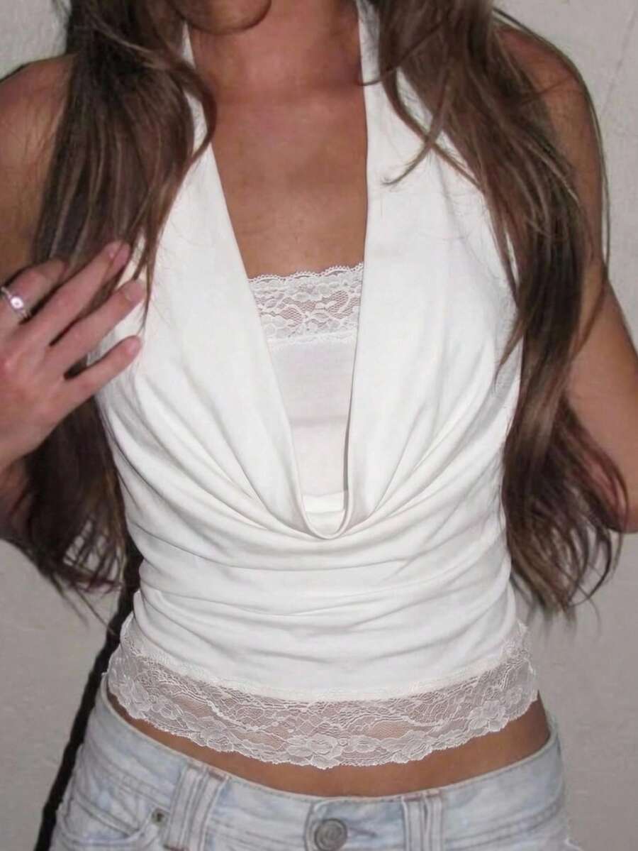 SHEIN EZwear 夏季鄉村風女款白色針織掛脖上衣，蕾絲飾邊，適合夜店聚會，優雅 Y2K 風格 - 白色 - 查看 1