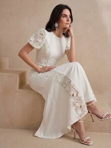 Robe longue élégante pour femmes Anewsta printemps/été, col rond, manches en pétales, mélange de tissus tissés, appliques en dentelle, ourlet en queue de poisson - Nude - Voir 7