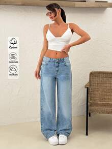 SHEIN Low Waist Embroidery Detailed Straight Jean - Light Wash - View 7