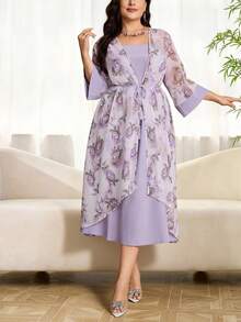 Modelyn Plus Size Women's Elegant Floral Print Tassel Belt Flare Sleeve Jacket And Spaghetti Strap Dress 2-Piece Set, Spring/Autumn Gym Brown - Multicolor - View 4