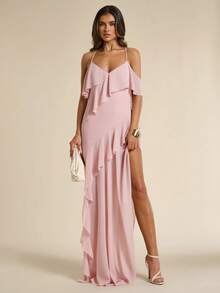 SHEIN BAE Elegantes Damen-Camisole-Kleid in Altrosa mit Rüschensaum, fließend, einfarbig, lang, stilvoll für Sommerhochzeit, Ninang, Abendparty und Urlaub - Pink - Übersicht 4