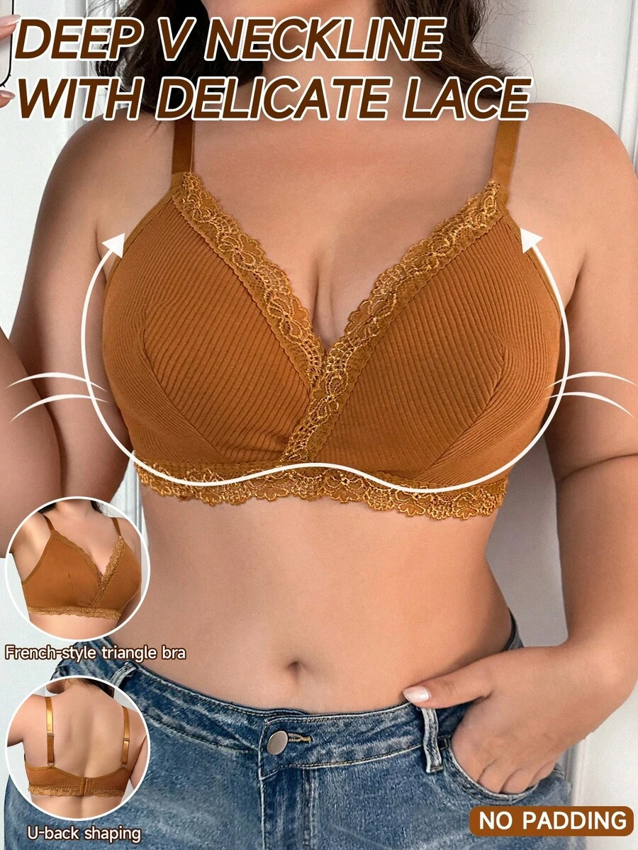 Lencería romántica de encaje con parches, cómoda y de talla grande - Marrón - Ver 1