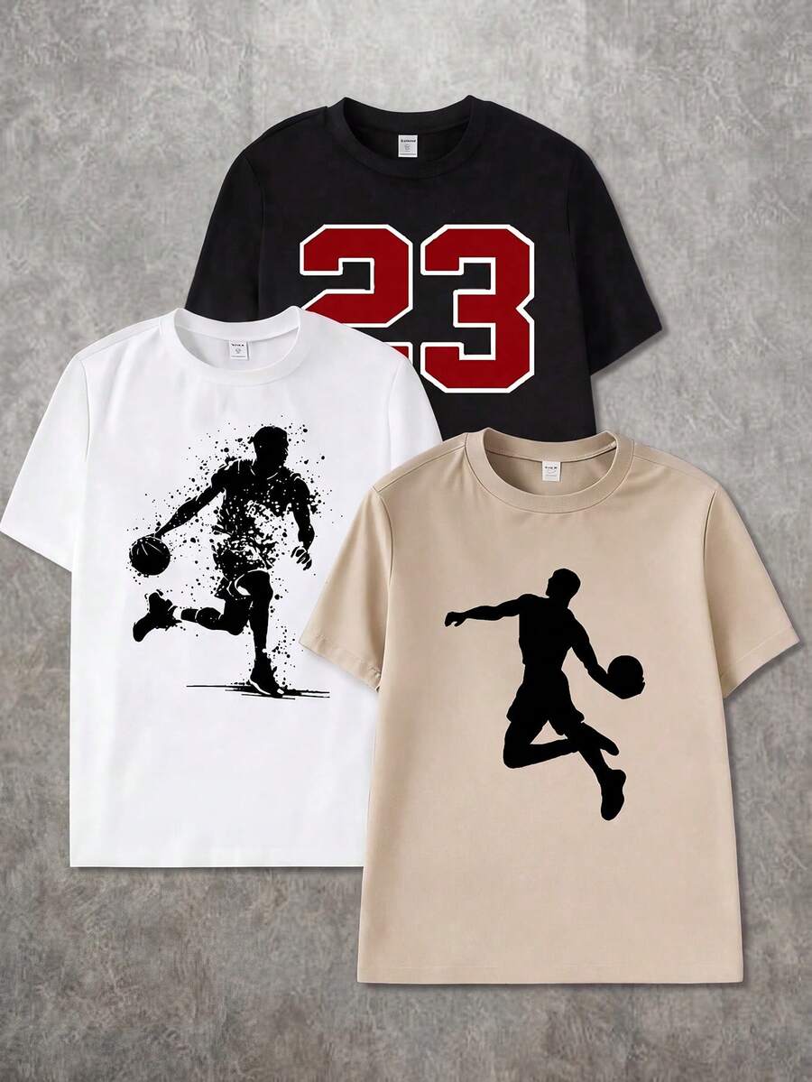 SHEIN Vacaura 3pcs/Set Teenager Casual Basketball Silhouette Print Round Neck Short Sleeve T-Shirts, Versatile For Spring, Autumn & Summer - Multicolor - View 1