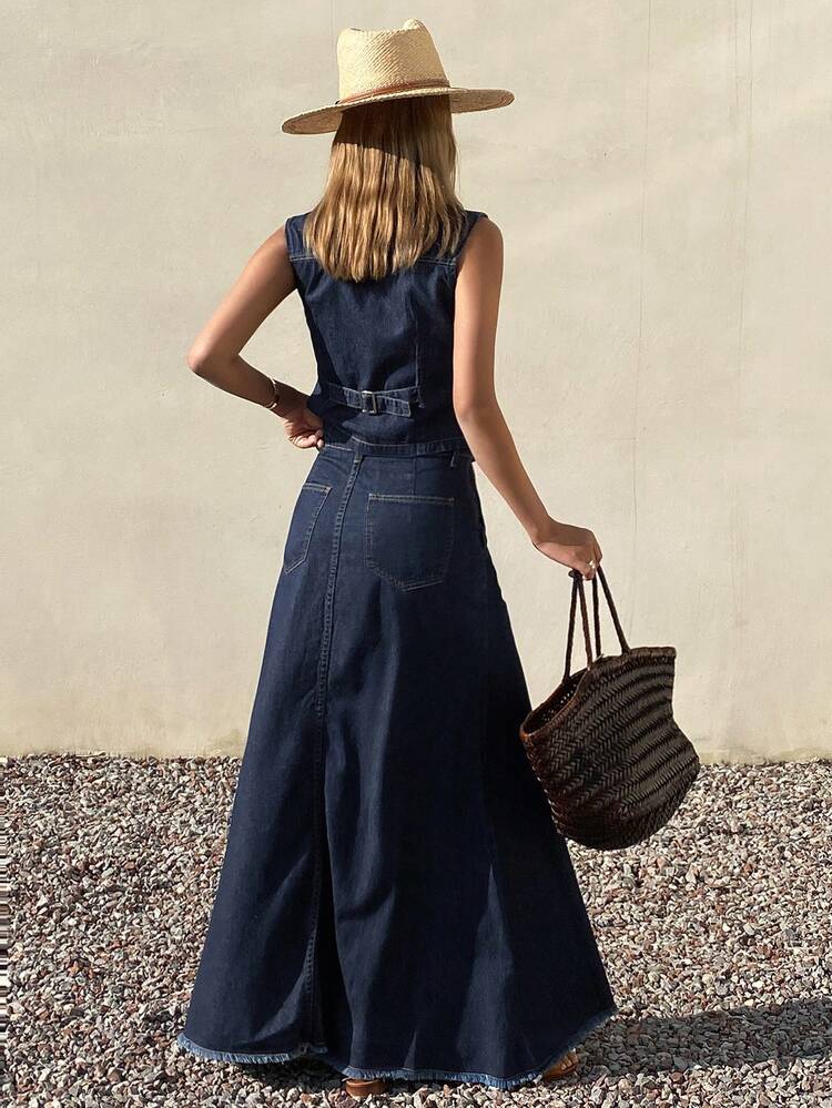 Women's Casual Washed Pocket Denim Vest & Skirt 2-Piece Set, Spring/Summer