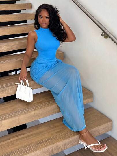 SHEIN BamGlam Tight Fitting Bodycon Slimming Sexy Elegant Party Dress For Women's Summer Sleeveless Holiday Two Pieces Jumpsuit With Mesh Mesh Hanging Pleats And Tied Long Skirt, Transparent And Cool Summer Dress. Vacation Dress Is Fashionable And Suitable For Parties, Dinners, Vacations, Beaches, And Cocktail Parties