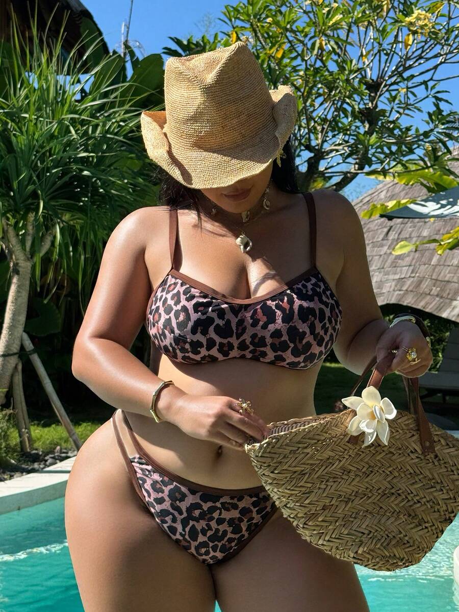 Swim SXY Plus Size Women's Summer Beach Vacation Leopard Print Backless Tie-Front Bikini Set - Multicolor - View 1