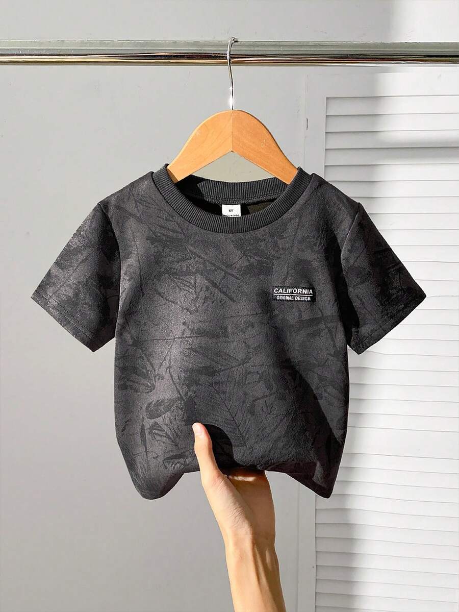 SHEIN Áo thun ngắn tay cổ tròn in họa tiết tối giản cho bé trai - Xám - Xem 1